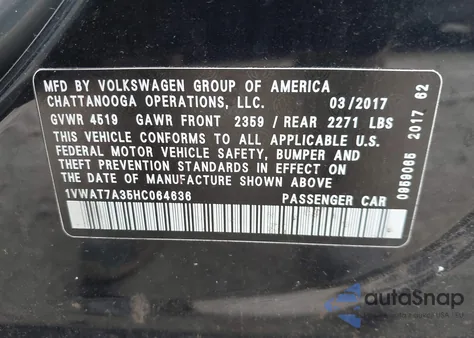 2017 Volkswagen Passat 1.8T S z USA, uszkodzony, nr VIN 1VWAT7A35HC064636